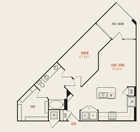 Floor plan for 1 bed, 1 bath, 847 sqft